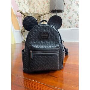 Disney Parks Loungefly Black Mickey Ears Mini Backpack Woven Faux Leather
